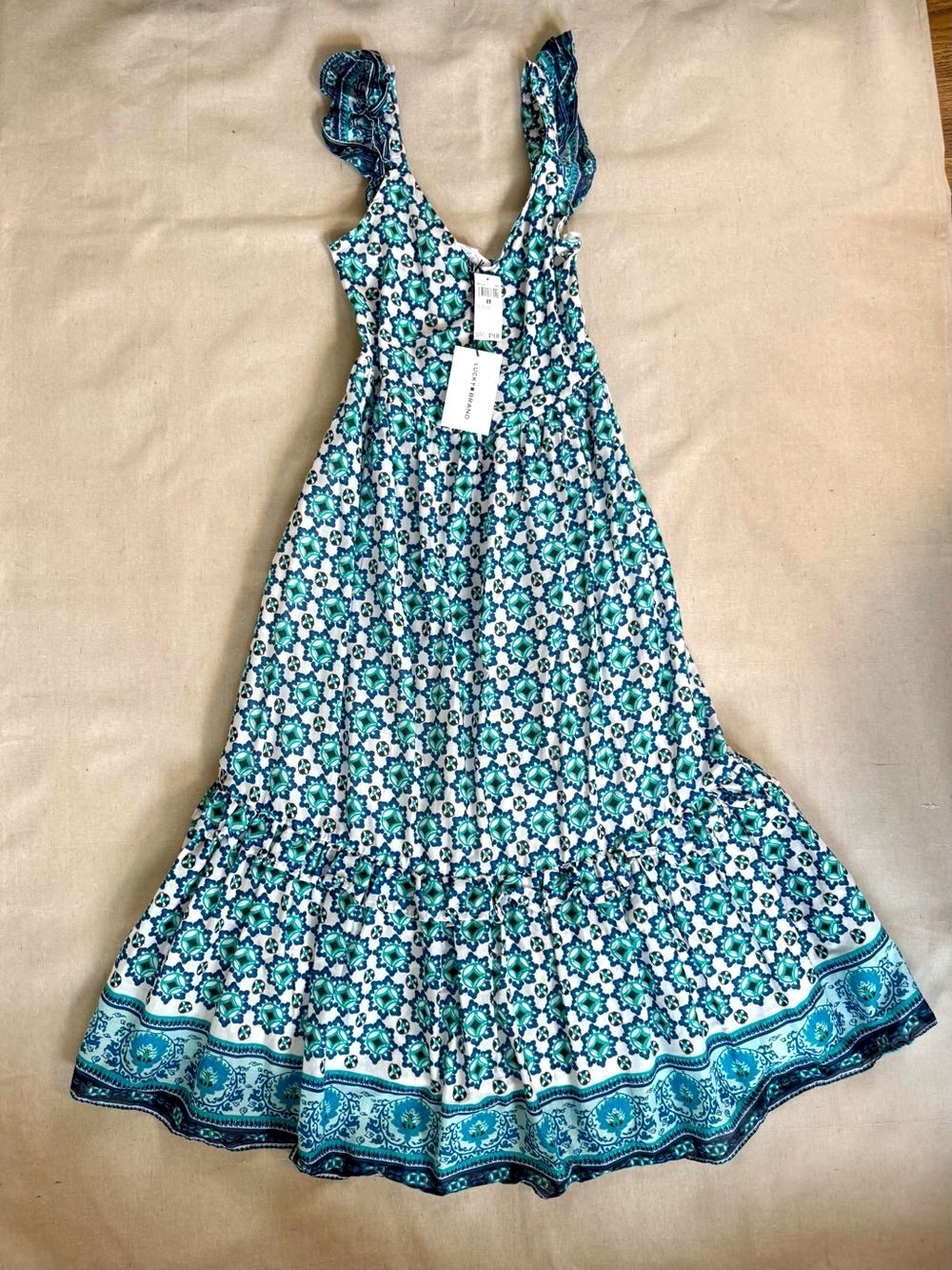 Lucky Brand Blue White Floral Tiered Maxi Dress Smocked Cotton NWT Medium Boho